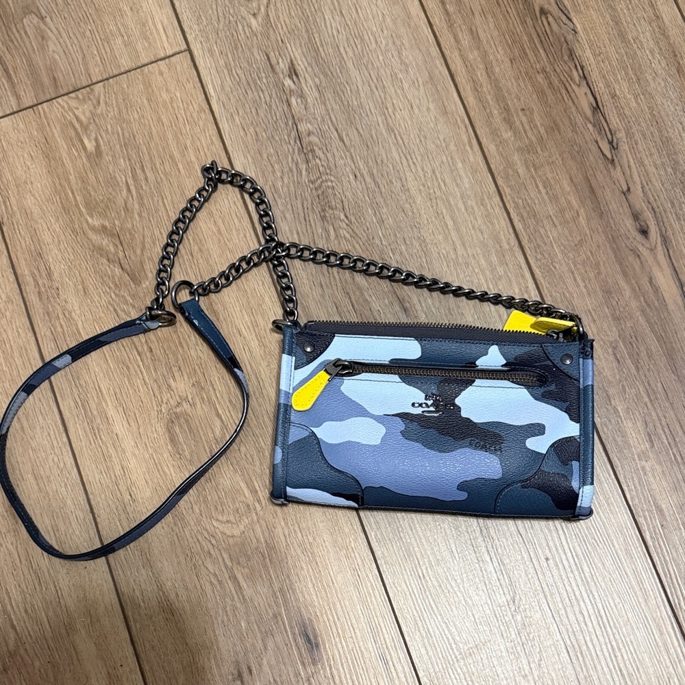 Coach Blue Camouflage Crossbody Wallet with Yellow Accents